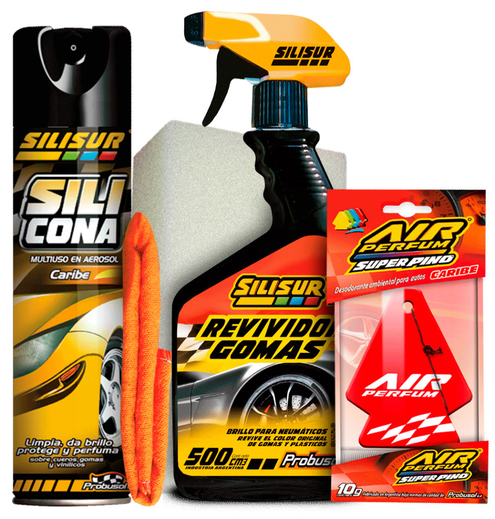 C3: Silicona aerosol + Gomas x 500 gatillo +franela +espoja+perfume …. x 6 Unid.