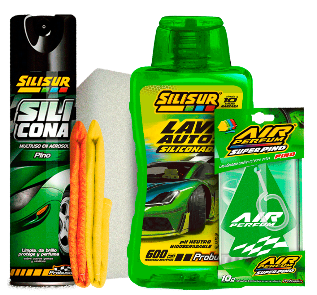 C4: Silicona aer. + Shampoo Siliconado x 600 cc+franela+rejilla+esponja+perfume…. x 6 Unid.