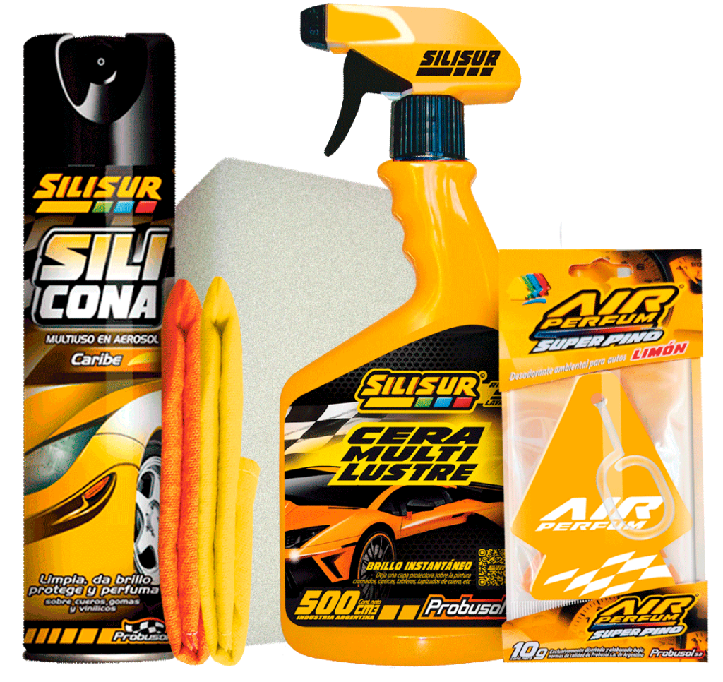 C5: Silicona aer.+ Brillo multilustre 500cc+franela+rejilla+perfume …. x 6 Unid.