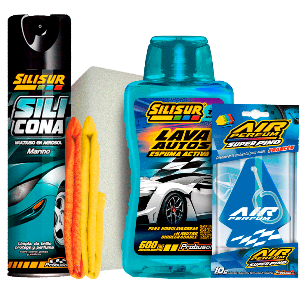C6: Silicona aerosol + Espuma activa x600 cc+franela+rejilla+esponja+perfume…. x 6 Unid.