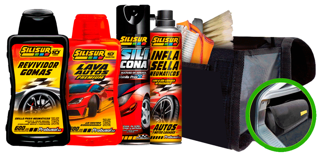 K5: Kit de limpieza con Organizador de baúl (Silicona Ultra + Shampoo Siliconado x 260cc + Tableta Pefumada + rejilla + franela )….x 4 Unid.