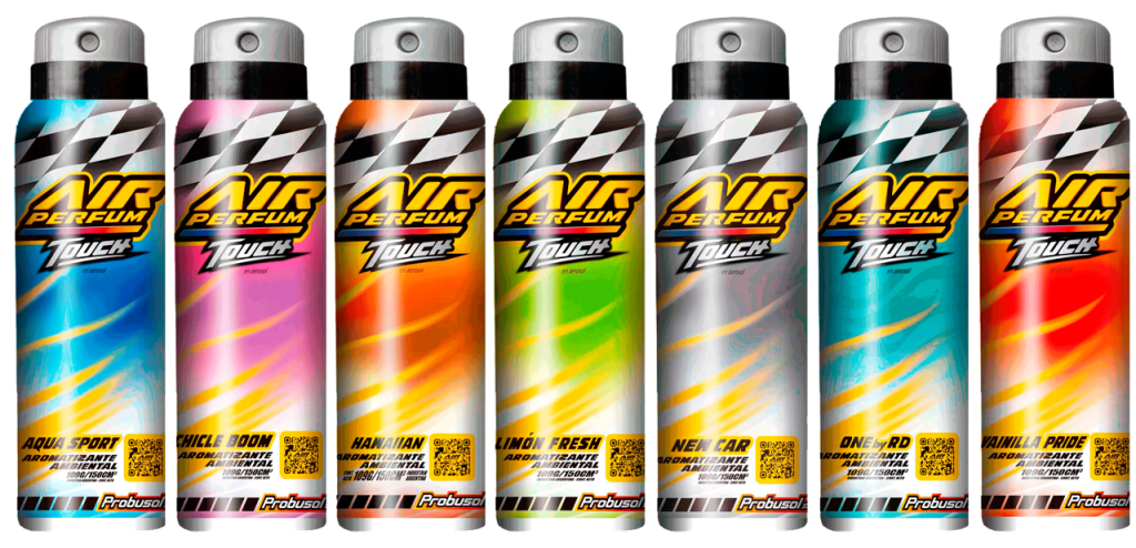 AIR PERFUM TOUCH Surtido Aer. (Vainilla, New Car, Limon Fresh, One by RD, Hawaiian AquaSport, Chicle Boom)….12 un x 109 grs.