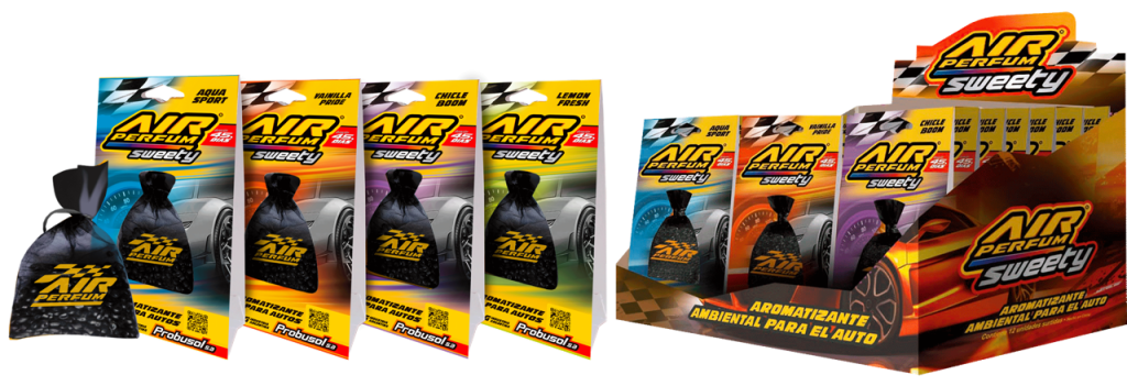 AIR PERFUM Sweety Surtido Bolsita Perfumada Vainilla (roja)Pino (verde)Limón (azul)….12 un x 15 grs.