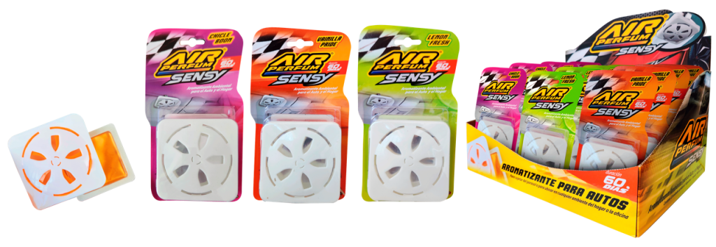 AIR PERFUM SENSY SURTIDO ( Vainilla Pride, Chicle Boon, Limon)….12un x 7grs